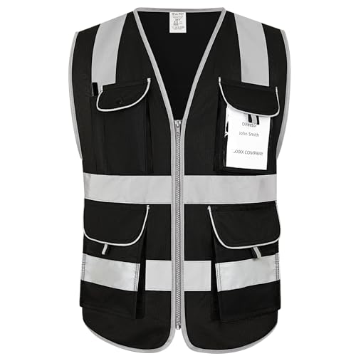8 Pockets Full Zip Black Safety Vest, Class 2 High Visibility Work Vest for Construction, Utility Workers, Meets ANSI/ISEA Standard, Large - color: Black-01, size: Large