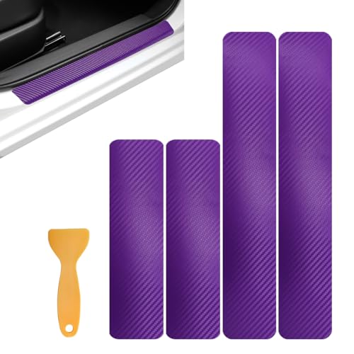 4 PCS Car Door Sill Protector, 3D Carbon Fiber Door Entry Edge Protection Trim Bumper Cover Strip, Anti-Scratch Threshold Protective Sticker Scuff Plate Guard for Most Vehicles (Purple) - color: Purple, 3D