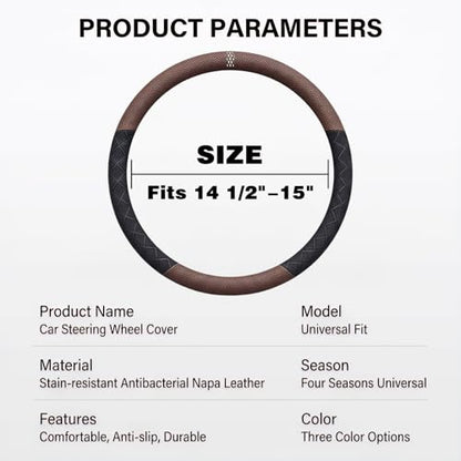 Ultra-Thin Napa Leather Steering Wheel Cover with 3D Anti-Slip Diamond Grip, Breathable Non-Bulky Design, Universal Fit 15 Inch for Cars & SUVs - color: black&navy blue