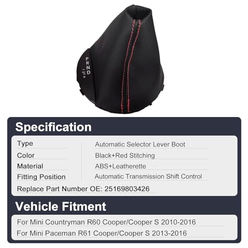 Automatic Transmission Gear Shift Boot PU Leather Shift Selector Gaiter Boot with Red Thread for Mini Cooper/Cooper S Countryman R60 Paceman R61 2010 2011 2012 2013 2014 2015 2016 25169803426