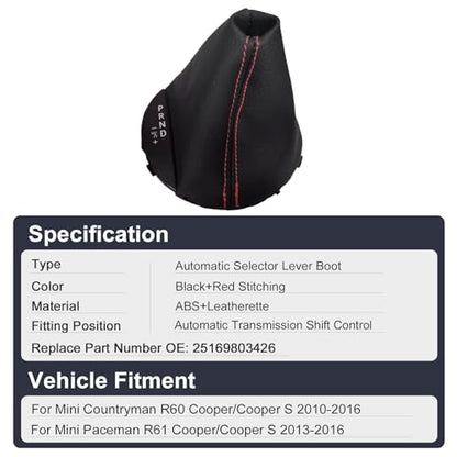 Automatic Transmission Gear Shift Boot PU Leather Shift Selector Gaiter Boot with Red Thread for Mini Cooper/Cooper S Countryman R60 Paceman R61 2010 2011 2012 2013 2014 2015 2016 25169803426