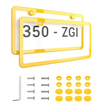 Yellow License Plate Frame - 2-Hole Sleek Style, Stainless Steel, Premium Metal Durability, Easy Install, 2-Pack Gift Box - Matte Painted Finish - color: Yellow(Golden)