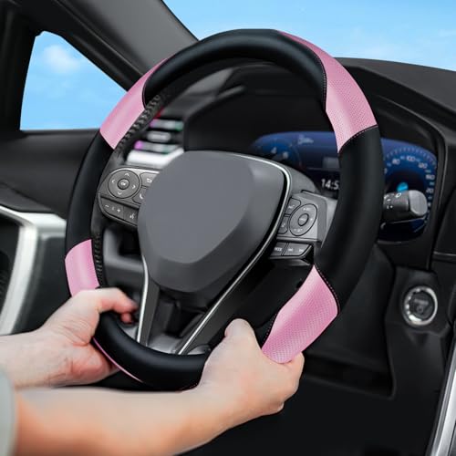 Soft Leather Steering Wheel Cover with Breathable Design and Anti-Slip Grip, Fully Compatible with Tesla, Toyota, Honda, Nissan 14.5-15.2 inch Round Steering Wheel（Sedans and SUVs） - color: DOUBLE-PINK
