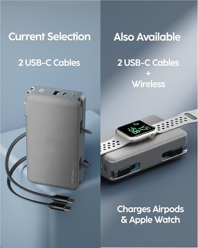 myCharge RetractaCharger 10000mAh Portable Charger Power Bank with 28-Inch Retractable 2 USB-C Cable | Built-in Wall Plug | 30W PD Fast Charging | USB-C & A Ports | Digital Display | Grey - size: 2 USB-C Cables