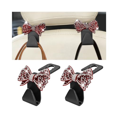 Zpana Bling Car Headreat Hook, 2PCS Crystal Rhinestone Cute Bow Vehicle Seat Back Hanger Storage for Purses Bags Grocery, Diamond Auto Rear Seat Organizer, Universal for SUV Truck Sedan (Red) - style: Red/2PCS