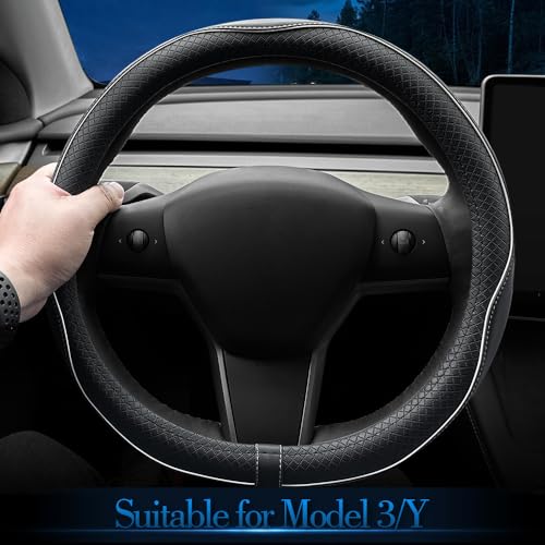 LKWLIKEI Nappa Leather Ultra-Thin Steering Wheel Cover, for Tesla Model 3/Y Steering Wheel Cover, Non-Slip Design and Interior Modification of car Accessories. - color: Black and White