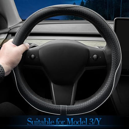 LKWLIKEI Nappa Leather Ultra-Thin Steering Wheel Cover, for Tesla Model 3/Y Steering Wheel Cover, Non-Slip Design and Interior Modification of car Accessories. - color: Black and White