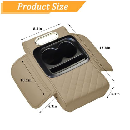 Car Center Console Armrest Box Mat, Nappa Leather Armrest Box Cover with Tissue Box, Cup Holder & Phone Holder, Middle Console Arm Rest Protection Pillow, Universal for Vehicles (Beige) - color: Beige