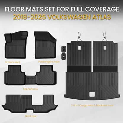 Floor Mats Set for 2018-2025 2026 Volkswagen VW Atlas 7 Seats Bench Seating Car Mat Accessories(Not Fit Cross Sport), All Weather TPE Cargo Liner Trunk Mat(Floor Mats+2-in-1 Cargo Mat) - style: Floor Mats+2-in-1 Cargo Mat