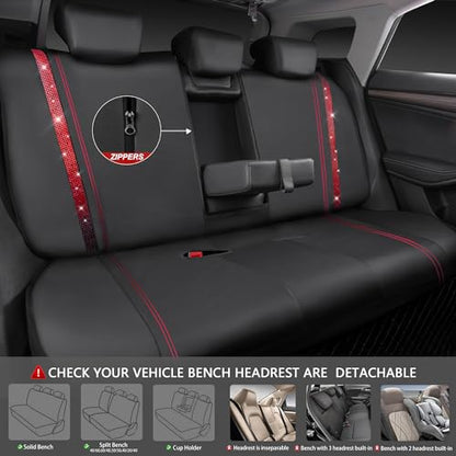 CAR Pass Bling Car Seat Covers Full Set, Shining Rhinestone Diamond Waterproof Faux Leather, Rear with Zipper, Universal Fit Automotive Glitter Crystal Sparkle Strips for Women Girl, Black Red - color: Red Diamond, size: Full Set