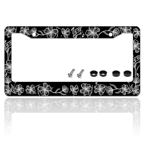 Black and White Line Drawing Flowers License Plate Frame Beautiful Floar License Plate Holder for Front or Rear Car Tags Reusable Stainless Steel Funny Car Decoration with Screws 6.3 X 12.2 in - color: Black And White Line Drawing Flowers