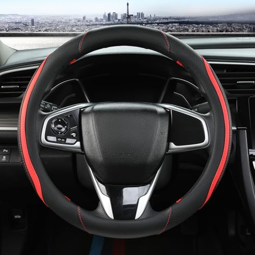 Car Steering Wheel Cover, Leather Steering Wheel Cover Red Universal 14.5-15 Inch Microfiber Leather Anti-Slip Breathable Auto Steering Wheel Covers for Men Women (Black&Red) - color: Red