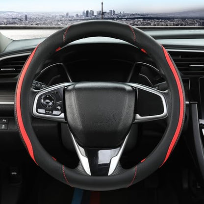 Car Steering Wheel Cover, Leather Steering Wheel Cover Red Universal 14.5-15 Inch Microfiber Leather Anti-Slip Breathable Auto Steering Wheel Covers for Men Women (Black&Red) - color: Red