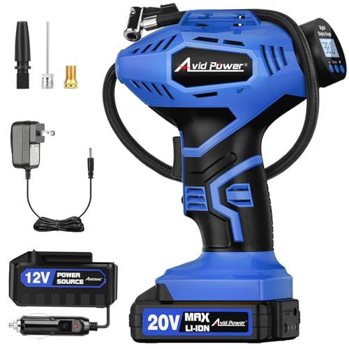 AVID POWER Cordless Tire Inflator Portable Air Compressor, 20V Rechargeable Battery Powered Car Tire Pump w/ 12V DC Adapter, Digital Pressure Gauge, Air Pump for Car, Bike, Motorcycle, Ball - color: Blue