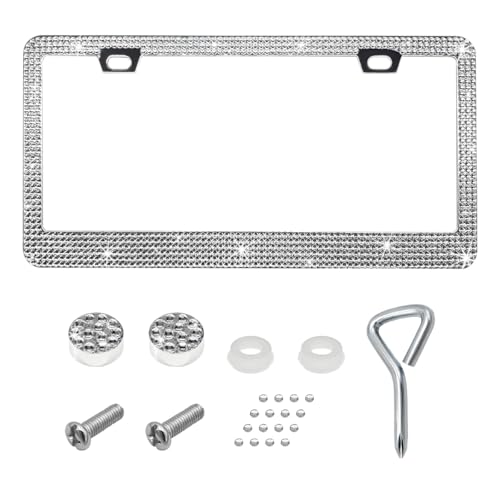 DXNQ Bling License Plate Frame, Sparkly Rhinestone Diamond License Plate Cover with Crystal Screws Caps, Glitter Crystal Stainless Steel License Plate Holder for Women, Car Accessories (White) - color: White