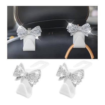 Zpana Bling Car Headreat Hook, 2PCS Crystal Rhinestone Cute Bow Vehicle Seat Back Hanger Storage for Purses Bags Grocery, Diamond Auto Rear Seat Organizer, Universal for SUV Truck Sedan (White) - style: White/2PCS