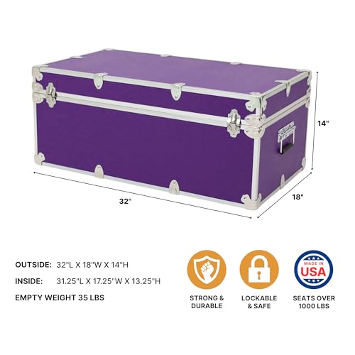 Rhino Trunk & Case Large Essential Trunk With Wheels 32”x18”x14”, 1000+ lbs Capacity - Many Colors. Strong, USA Made Summer Camp Footlocker, and Secure College Dorm Storage Chest - color: Purple