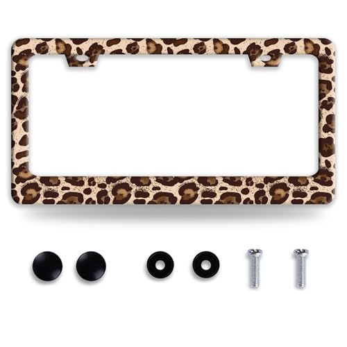 Leopard Print License Plate Frame Brown Animals Skin Texture License Plate Frames Auto Accessory Stainless Steel Cheetah License Plate Decoration for Women Men 12 x 6 Inch - color: Leopard Brown Printed