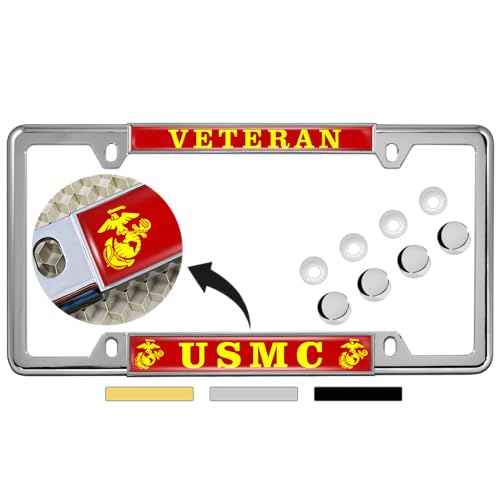 [Officially Licensed US Marine Corps Product] - Veteran USMC with EGA Emblem - Domed Custom-Made Personalized Thin Top 4-Hole Metal Car License Plate Frame with Free caps - Chrome Frame (Qty: 1) - color: Chrome - Style 2