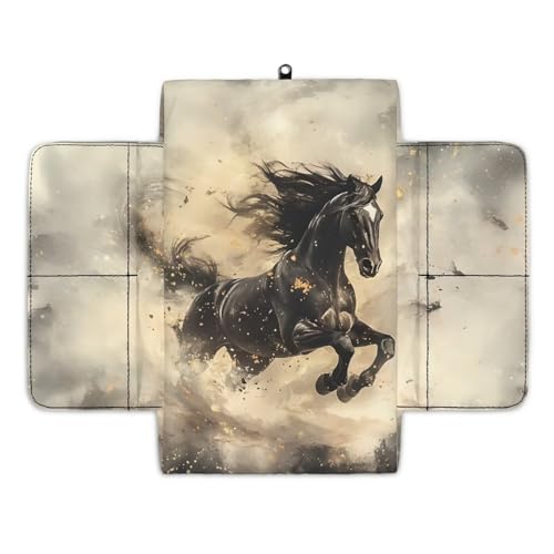 Car Center Console Cover,Black Horse Polyester Fabric Car Arm Rest Cover with 4 Storage Bags for Car Storage Box Auto Interior Accessories Protector for Most Vehicle - color: Black Horse