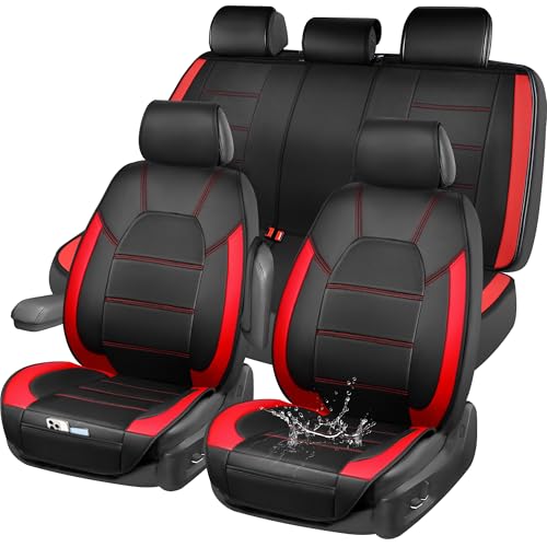 CAR PASS 5 Seats Leather Car Seat Covers, Sideless Car Seat Protectors with Storage Pocket, Water Resistance Seat Cover, Universal Fit Most Cars, SUVs, Trucks and Vans (Full Set,Black and Red) - color: Sideless Black Red, size: Full Set