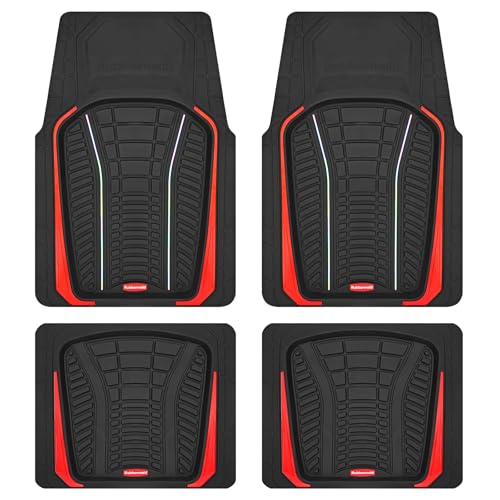 Rubbermaid Car Floor Mats Full Set – Premium All-Weather Car Mat with Brushed Aluminum Inserts, Universal Trim-to-Fit Design, Anti-Slip Backing for Cars, SUVs, Trucks, and Vans - color: Red
