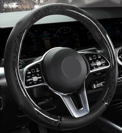 Peach Wood Grain Steering Wheel Cover Anti-Slip Breathable Durable Leather Four Seasons Universal 15 Inch Car Wrap Cover (Black) - color: Black