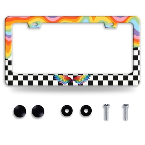 Hippie Rainbow with Grey White Plaid License Plate Frame Stainless Steel Colorful License Plate Holder Personalized Car Decorative Parts for Standard Us Canada Vehicles 12.3 x 6.3 Inch - color: Hippie Rainbow With Grey White Plaid