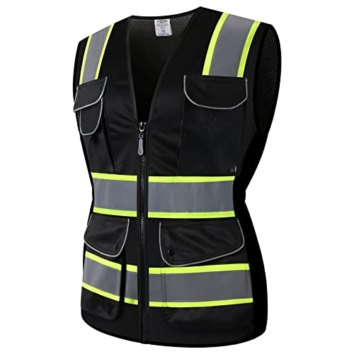 JKSafety Women Hi-Vis Reflective Safety Vest | Neon Color body Sewed Reflective Strips Breathable Lightweight ANSI Compliant - color: V168-black, size: Small