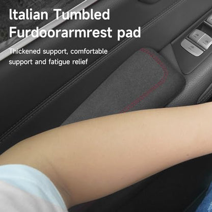Italian Alcantara Style Fur Car Elbow Rest Pad - Universal Armrest & Knee Cushion - Thigh Support Comfort Pillow - color: Red Line Left