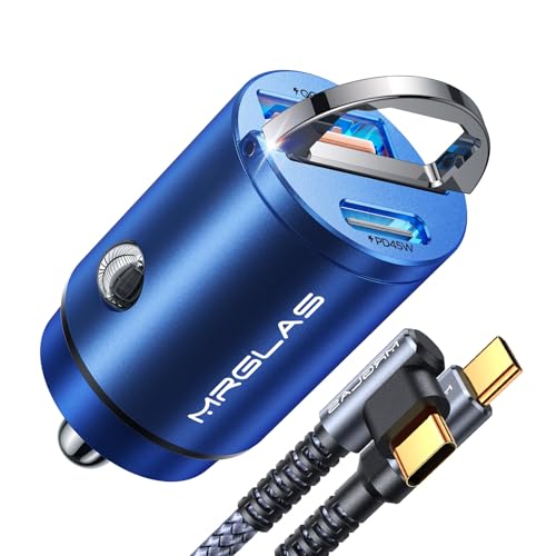 MRGLAS 90W USB C Car Charger Fast Charge, PD45W & QC45W, Flush Fit, Extra 3.3ft Type C Cable, All Metal, Cigarette Lighter USB Charger for iPhone 16 15 Samsung S25 S24 S23 Ultra Pixel 8/8Pro/7-Blue - color: Blue