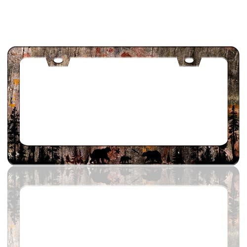 Mama Bear License Plate Frame Bear Forest Stainless Steel License Plate Holder for Front and Rear Car Tags Funny for Car Decoration Accessories with Screws 6.3 X 12.2 in for Women Men - color: Mama Bear