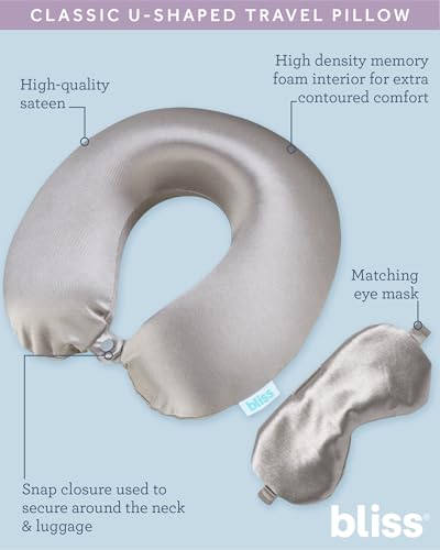 Bliss Neck Pillow Set - Lightweight U-Shaped Memory Foam Satin Travel Neck Pillow with Snap Closure and Matching Eye Mask for Airplane, Car, Office, and Camping, Silver - color: Silver