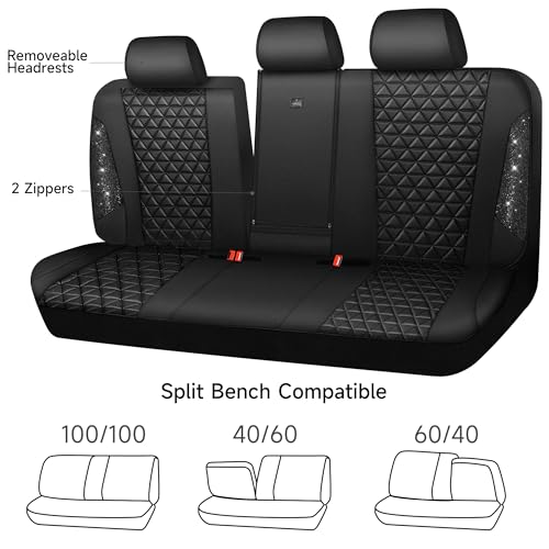 CAR PASS Bling Back Seat Cover, Waterproof Leather Bench Rear Seat Cover Shining Diamond Truck Glitter Crystal Sparkly Rhinestone Universal Fit Armrest Automotive Kid Women Girl, Black Diamond - color: Black Rear, size: Rear Seats