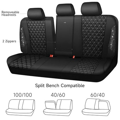CAR PASS Bling Back Seat Cover, Waterproof Leather Bench Rear Seat Cover Shining Diamond Truck Glitter Crystal Sparkly Rhinestone Universal Fit Armrest Automotive Kid Women Girl, Black Diamond - color: Black Rear, size: Rear Seats