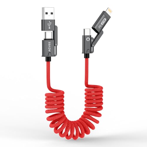 AGVEE 5ft 4-in-1 Coiled Multi USB C Charging Cable, Secure-Slide No-Loss Adapters, Slim Tips Fit Thick Cases, Lightning End Reinforced, PD 60W for iPhone Carplay, Samsung, iPad, Red - color: Red, size: 5ft, style: Braided 4 in 1