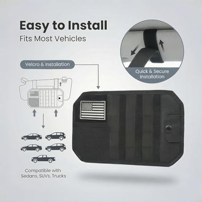 Car Sun Visor Organizer | Multi-Pocket Storage Pouch for SUVs & Trucks | Black Organizer with Double Zippers, Elastic Bands & Glasses Clip | 12.8x7x1.2 Inch
