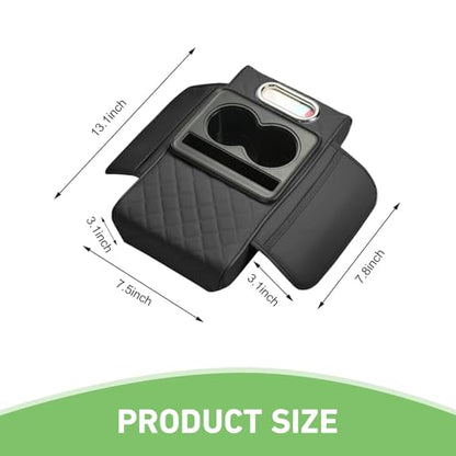 Car Center Console Cover Organizer, Armrest Box Height Increase Cover with 2 Cup Holders & 1 Tissue Bag, Leather Highly Elastic Armrest Box Protector, for Most Vehicles (Black)