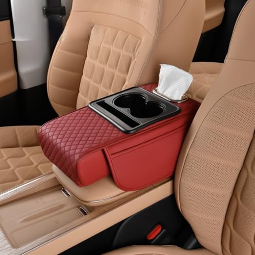 Car Center Console Pad Leather Armrest Pad w/Cup Holder, Tissue Box Slot, Side Bag, Phone Slot for Car Sedans (Embossed, Burgundy) - color: Burgundy, style: Embossed