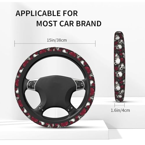 Skull Rose Steering Wheel Cover with 2 Car Coasters Non Slip Neoprene for Women Men Universal 15 Inch - color: Skull Rose