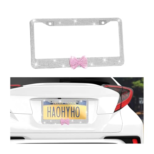 Bling Bow Car License Plate Frame, 2PCS Sparkly Rhinestone Vehicle License Plate Cover for Women Girls, Diamond Automotive Front Rear Number Tag Holder, Universal for SUV RV (White/Pink) - color: White/Pink