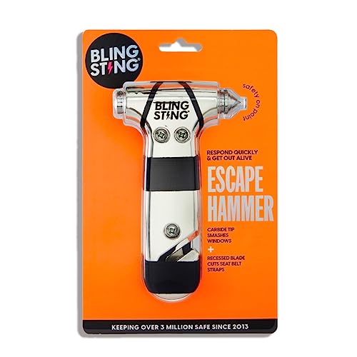 BLINGSTING Safety Hammer - Emergency Automotive Escape Tool with Window Breaker, Seat Belt Cutter & Adjustable Car Visor Strap - Tempered Glass Breaker - Steel Blade - Silver (1 Count) - color: Silver 1