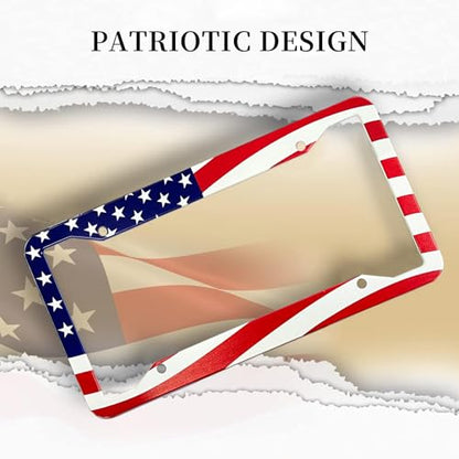 American Flag License Plate Frame Holder - 2 Pack Universal Aluminum US Flag Patriotic Car License Plate Frame with Screws Fasteners Caps, 8 Metal Car Valve Caps and 2 Cup Coaster - color: American flag A