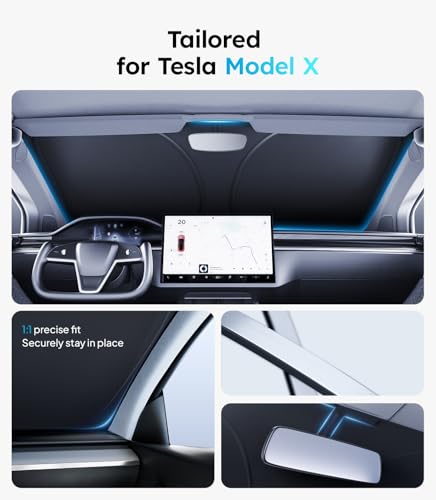 2026 Upgraded Accessories Tesla Model X Windshield Sunshade [Ice Shield Tech Fabric, 100% Sun Blockage], Foldable Heat Insulation Sunshade with Storage Bag, for Tesla Model X 2016~2026, Silver Coating - size: 4.Model X (2016-2026)