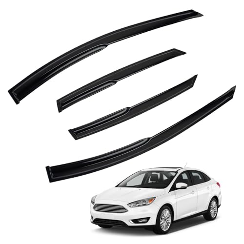 4pcs 3D Wavy MU Style Window Visors Compatible with 2012-2018 Ford Focus Sedan/Hatchback, Front+Rear Left+Right Outside Mount Type Dark Smoke Tint Tape-On Side Sun Rain Guards Set of 4 - size: 2012-2018 Ford Focus Sedan/Hatchback