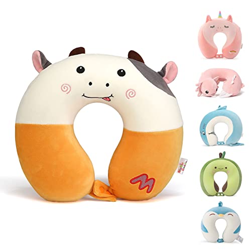 Niuniu Daddy Kids Travel Neck Pillow - Memory Foam Neck and Chin Support for Airplane, Car, Road Trips - Cute Cow Design, Airplane Essentials for Kids Boys Girls - color: Cow, size: 9-12 Y/O