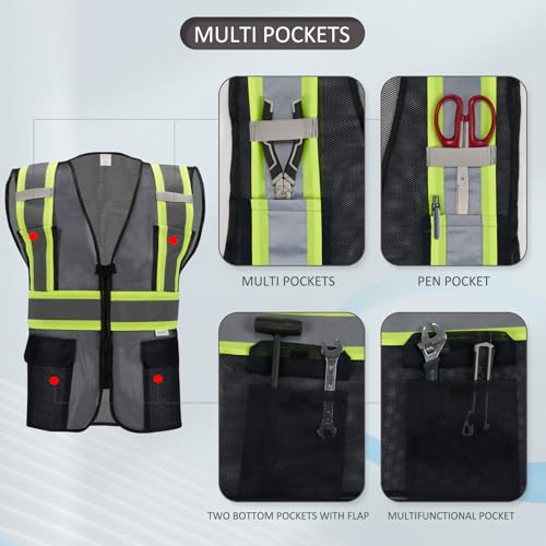 High Visibility Reflective Safety Vest with Zipper and Pockets Translucent Black,M - color: Translucent Black, size: Medium