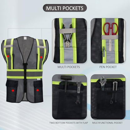 High Visibility Reflective Safety Vest with Zipper and Pockets Translucent Black,M - color: Translucent Black, size: Medium