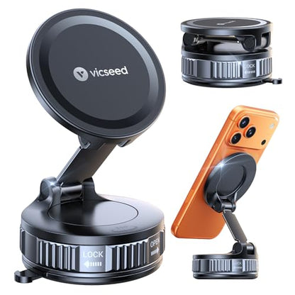 VICSEED Ultimate for Magsafe Car Mount [98+LBS Strongest Suction] 360° Vacuum Magnetic Phone Holders for Your Car Metal Arm Foldable Cellphone Mount for iPhone 17 16 15 14 13 12 Pro Max Air Android