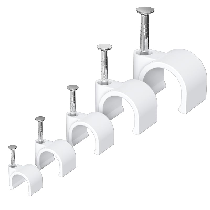 Jadaol Wide Design Cable Clips with Nails, 250 Pack Cord Wire Clips (4mm 5mm 6mm 8mm 10mm), Nail-in Round Cable Tacks for Ethernet Cable, Coaxial, TV, Speaker, Electrical Wire, White - size: 4/5/6/8/10mm - Wide Design